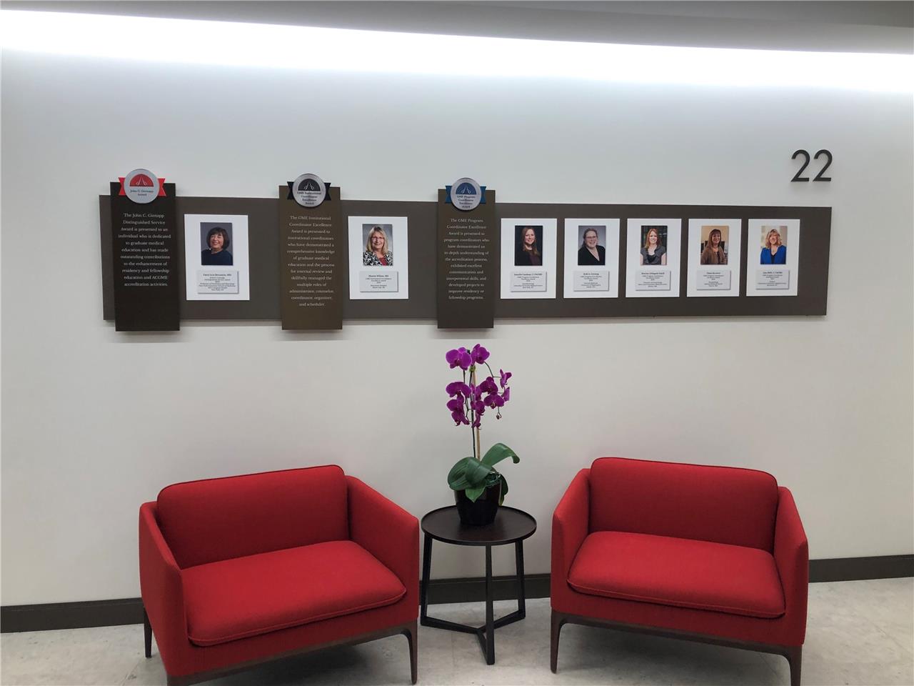 Awardees are honored in displays throughout the ACGME office space in Chicago